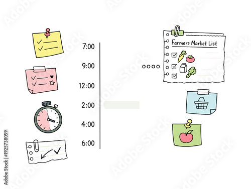 Daily schedule timeline with time blocks, timer and notebook page scraps, sticky notes and progress dots for Farmers market list