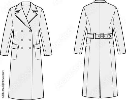 Men double breasted long coat with belt flat sketch, front and back view technical fashion line drawing isolated