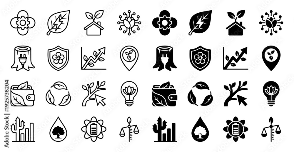 Fototapeta premium Sustainable hybrid icon set merging nature with industry featuring plant gear motifs leaf energy symbols and eco friendly growth chart designs