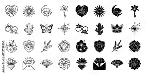 Hybrid botanical icon collection featuring floral merges with hearts clocks compasses and gems in minimalist line and solid silhouette styles
