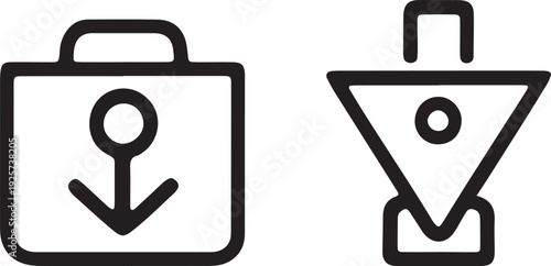Minimalist business data sorting line art icons: Simple black outline of a funnel filter and portfolio briefcase
