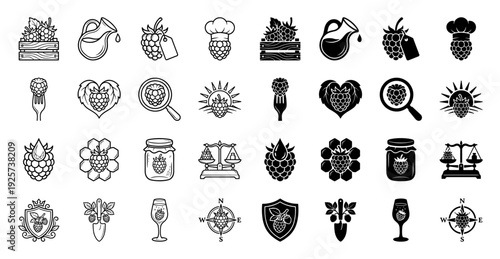 Black and white raspberry icons featuring hybrid concepts like a berry chef hat berry juice pitcher and berry honey comb in line and solid style