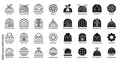 Hybrid ecological architecture icons merging greenhouse domes with sustainable energy biological dna and environmental technology symbols in line and solid styles