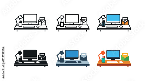 Collection of desk setups with computer, lamp, and office supplies in various styles