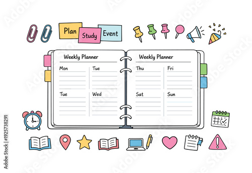 Open weekly planner spread, tabbed notebook pages, paper clips and sticky notes, small reminder icons for Campus event calendar