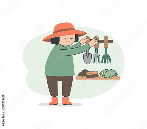 Peace person places garden tools on a rack, aligning handles neatly while soil brushes and gloves rest below nearby shelf now