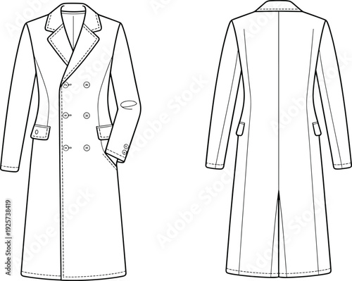 Men double breasted long coat flat sketch, front and back view technical fashion drawing template isolated on background