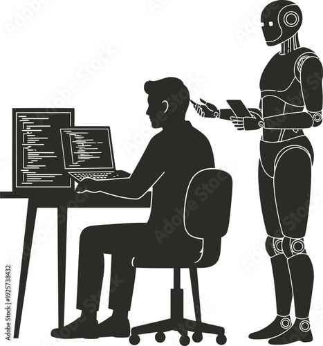 Man working on computer with robot handing him papers