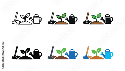 Crop Management Icons Grid. Crop growth management icon showing a plant sprouting from soil with a hoe and watering can,