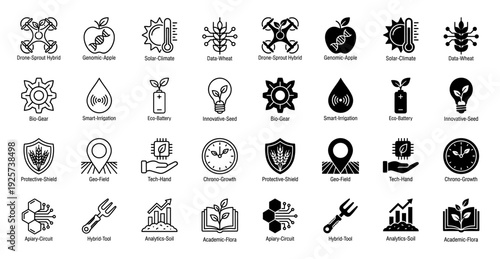Modern Sustainable Agriculture Icon Set Featuring Hybrid Symbols Merging Organic Nature Elements with High Tech Precision Engineering and Data Analytics