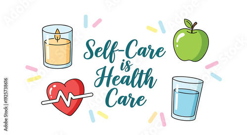 Self-care and wellness vector icon set. Includes candle, apple, heart rate, and water glass. Created in colorful flat style with pastel colors.