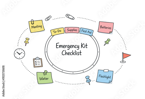 Circular planning wheel, orbiting sticky notes, tiny clock and flag icons, curved dotted paths for Emergency kit checklist with