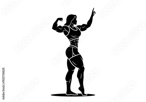 A perfect silhouette of a strong female bodybuilder posing showing nice muscle definition