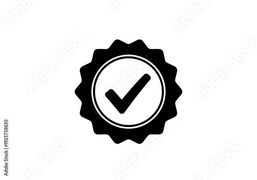A fine black and white seal or badge silhouette icon with a check mark silhouette inside symbolizing approval quality or verification