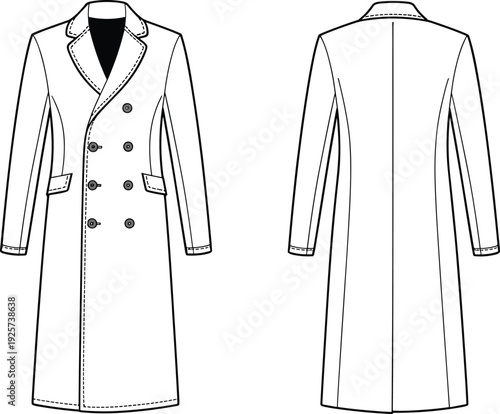 Long double breasted coat technical drawing, front and back view fashion flat sketch template isolated on clean background