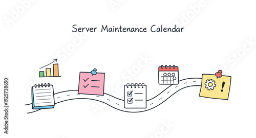 Milestone roadmap path, notebook strips as checkpoints, mini chart and calendar icons, pinned sticky notes for Server maintenance