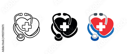 Treating patients illustrated by a medicine service emblem where a stethoscope shape wraps a health symbol to convey diagnosis
