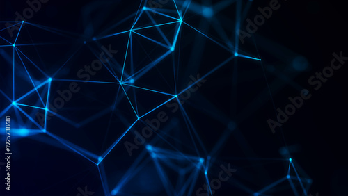 Abstract digital network of glowing nodes and connecting lines. Technological context. Network connection structure. Interweaving effect. Vector illustration