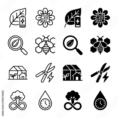 Modern hybrid garden and sustainability icon set featuring conceptual merges of nature elements with time energy and renewable growth symbols