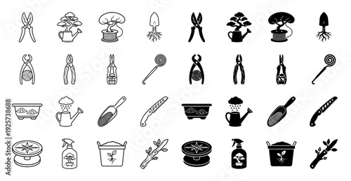 Monochrome bonsai gardening icons featuring hybrid designs merging traditional tools with organic tree elements and miniature plant cultivation symbols