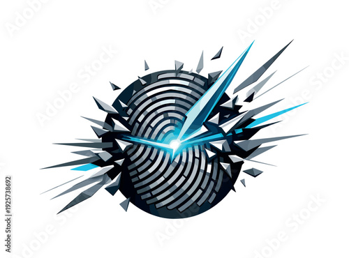 Low-poly vector illustration of a fingerprint scan pulse breakthrough, biometric signal snapping into clarity with a concentrated