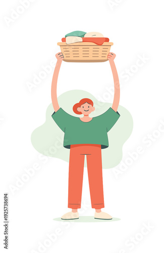 Elongated Arms Laundry. Bright person carries laundry in a basket, long arms extending as the basket is lifted higher with ease |