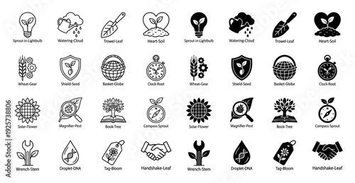 Collection of hybrid agriculture and environmental icons merging organic plant elements with industrial tools and symbols in line and solid styles