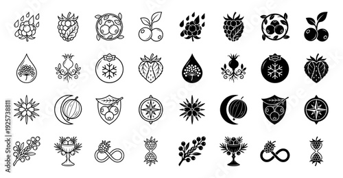 Abstract berry and fruit hybrid icons featuring conceptual combinations of organic plants with symbolic shapes in linear and solid silhouette styles