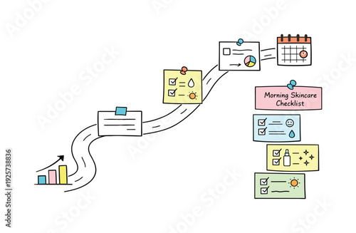Milestone roadmap path, notebook strips as checkpoints, mini chart and calendar icons, pinned sticky notes for Morning skincare