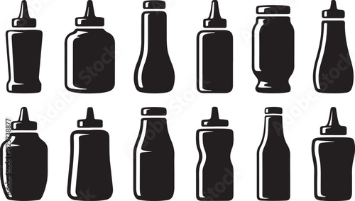 Collection of Black and White Condiment and Sauce Bottle Silhouettes condiment bottles
