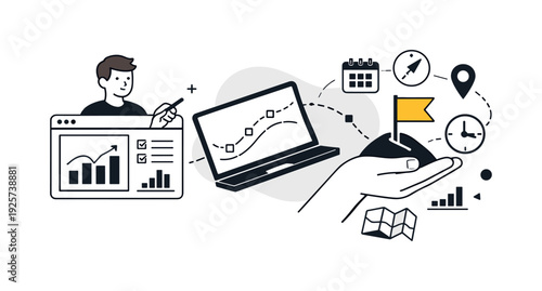 Modern minimal flat vector conceptual collage, crisp hard edges, consistent THIN outline stroke, rounded corners where needed,