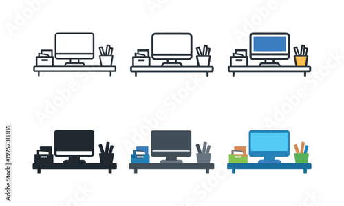 Organized Workspace Icons. Organized workspace icon featuring a desk with a computer monitor, documents, and office supplies,