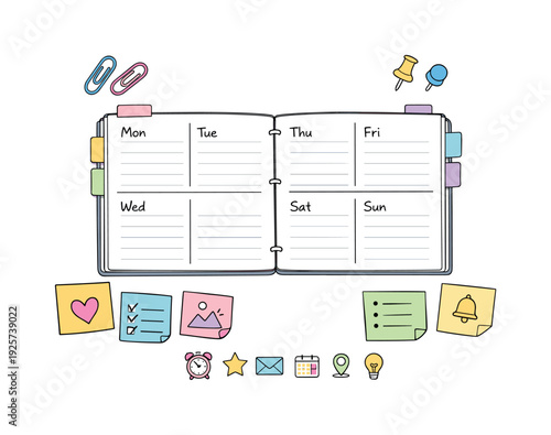 Open weekly planner spread, tabbed notebook pages, paper clips and sticky notes, small reminder icons for Notebook page aesthetic