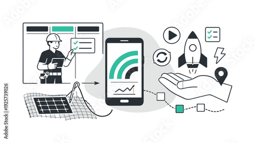 Modern minimal flat vector conceptual collage, crisp hard edges, consistent THIN outline stroke, rounded corners where needed,