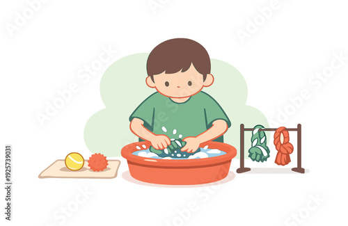 Quiet child cleans pet toys in a basin, scrubbing balls and ropes as water splashes lightly and items dry nearby. | cleaning pet