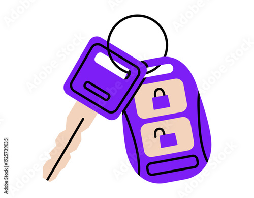 Hand drawn illustration of car key. Flat vector remote control system sticker doodle. Buy or sell automobile icon or print. Unlock or lock button. Vehicle security system. Isolated.