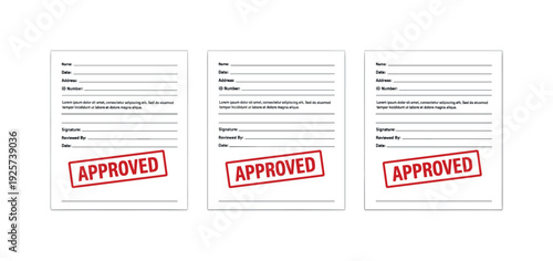 Approved outcome represented by a stamped document page with bold approval mark and straight edges, uniform form shown three
