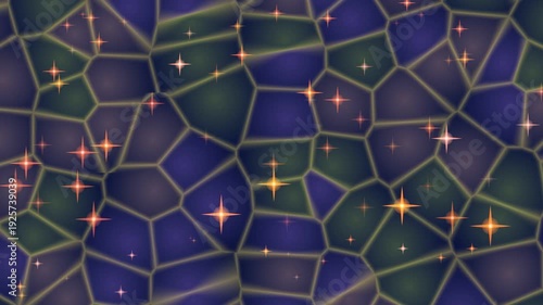 Abstract Blue and Green Mosaic Pattern with Glowing Orange Stars