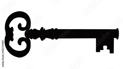 A black silhouette of an ornate key. The key has a decorative handle with swirls and a detailed shaft