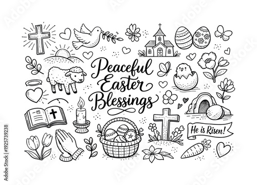 Peaceful Easter blessings symbols, hand drawn doodle elements set, center hand-lettered title, black & white vector line art,