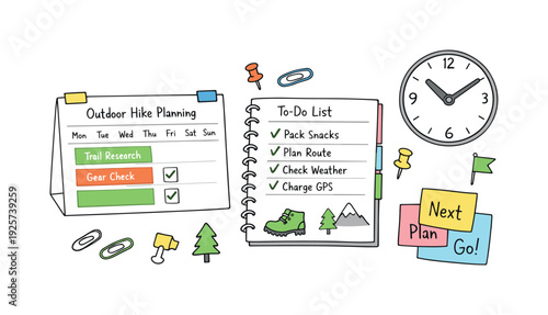 Desk calendar page, notebook, sticky notes and a wall clock, checkmarks and event blocks for Outdoor hike planning with tabs,