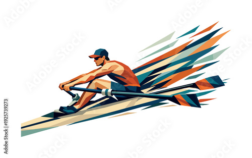 Low-poly vector illustration of a rower initiating the drive phase, explosive leg push with elongated angular posture as the oars