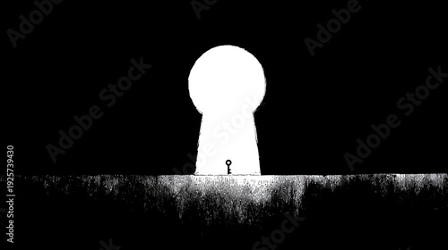 A keyhole is illuminated by a bright, round light source in a stark monochrome illustration