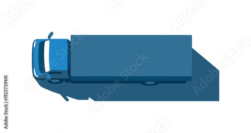 Top view of a blue delivery truck with a long trailer on a dark background
