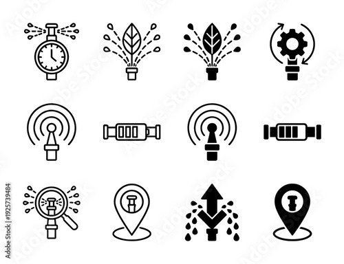 Smart irrigation system icons featuring hybrid designs of water sprinklers merged with clock leaf gear signal and location map pin symbols