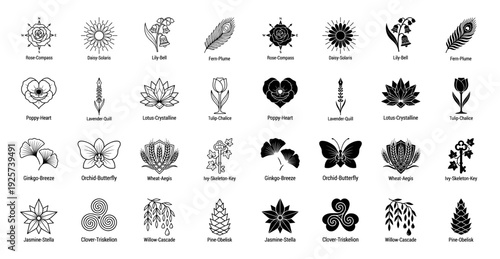 Minimalist hybrid botanical icon set merging floral elements with symbolic objects like compass quill key and shield in line and solid styles