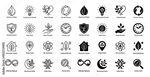 Collection of hybrid botanical icons merging nature with symbolic concepts including heart shaped roots a clock leaf and DNA helix flora in outline and solid styles