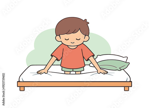 Peace child smooths bed sheets with both hands, tugging corners flat as pillows wait nearby on a simple bed frame quietly now yep