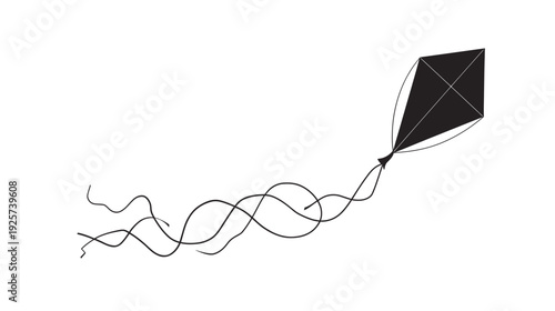 A black and white illustration of a kite with flowing lines, soaring in the air