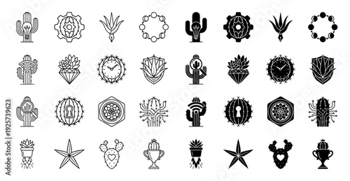 Abstract Hybrid Cactus and Succulent Icons Featuring Botanical Symbiosis with Lightbulb Gear Clock and Digital Circuitry Elements in Line and Solid Style